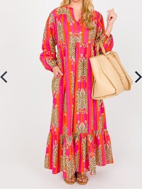 Fox & Hen Eye of The Tiger Maxi Dress Vertical Stripe Pink Orange Medium Boho